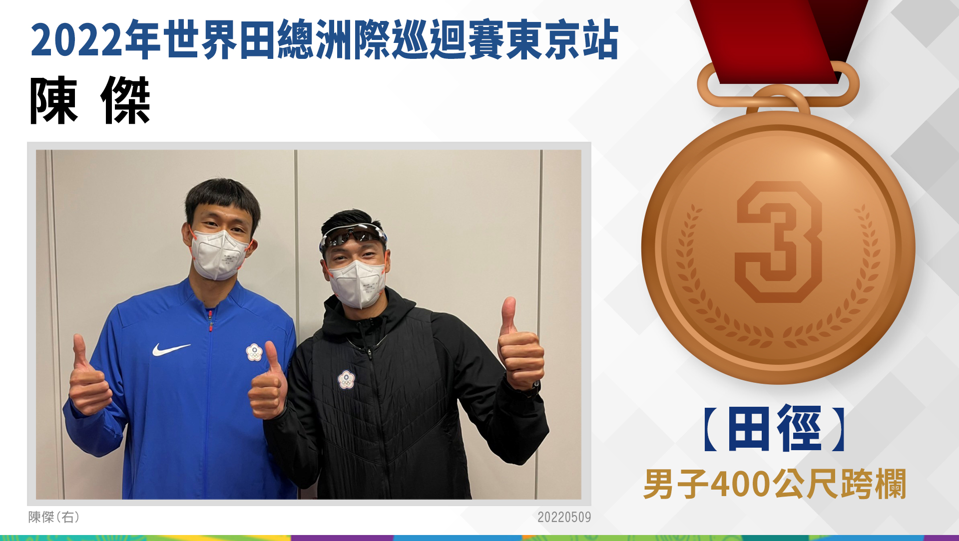 陳傑選手榮獲男子400公尺跨欄銅牌(右)