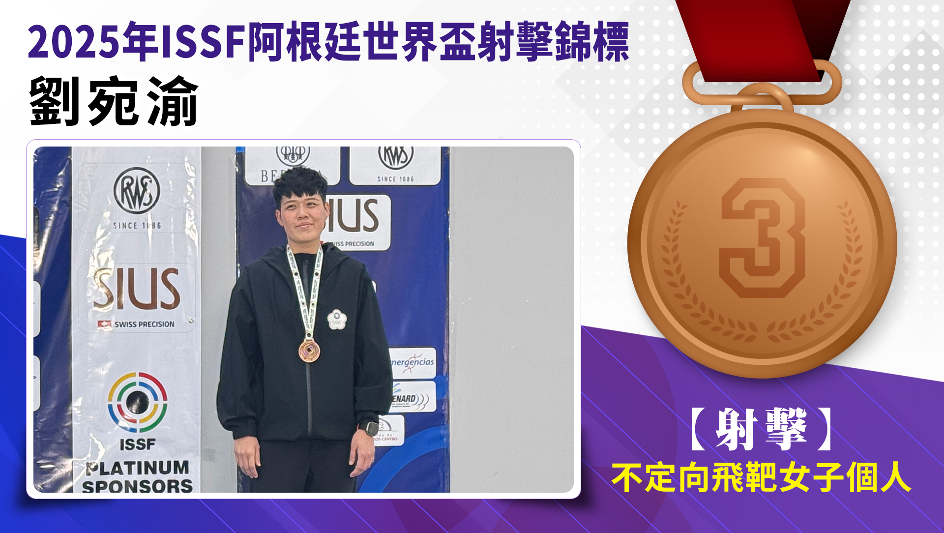 劉宛渝榮獲2025年ISSF阿根廷世界盃不定向飛靶女子個人-銅牌