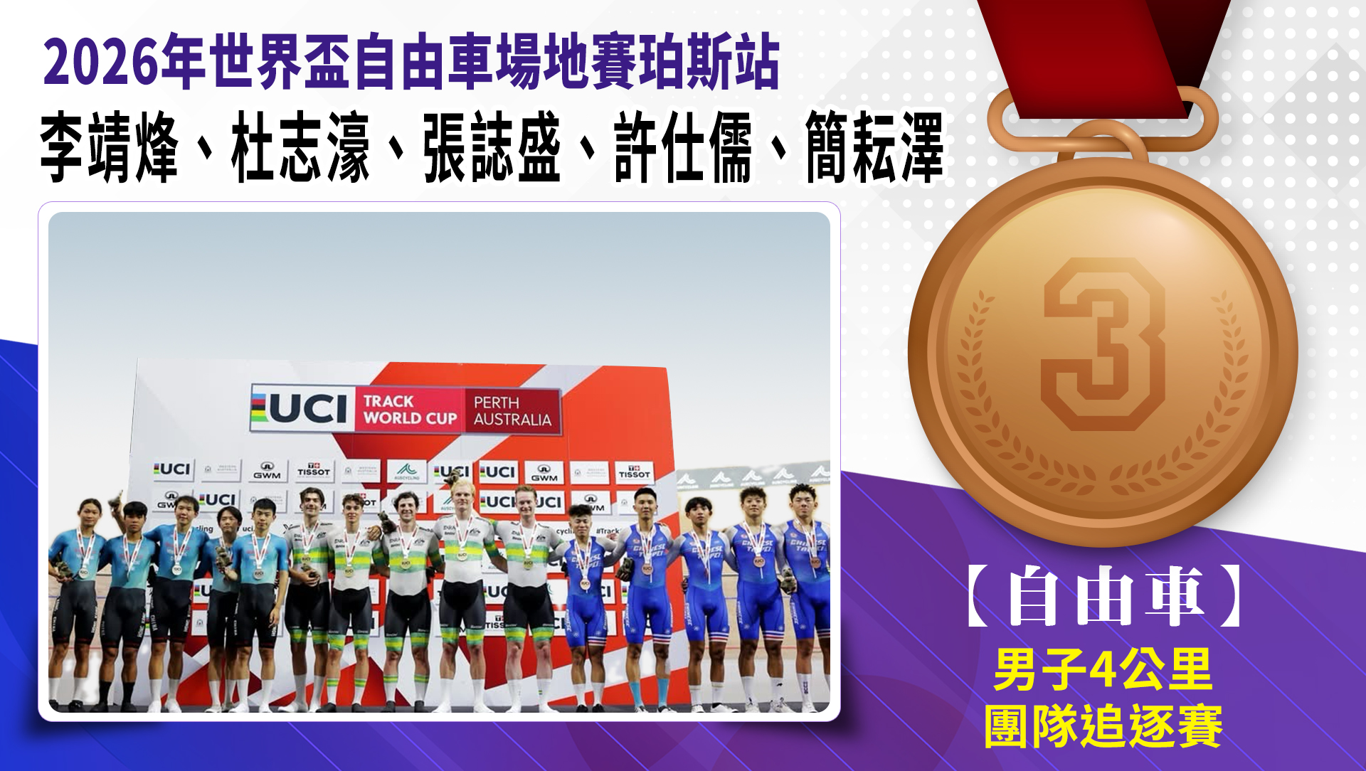 自由車李靖烽、杜志濠、張誌盛、許仕儒、簡耘澤/男子4公里團隊追逐賽-銅牌